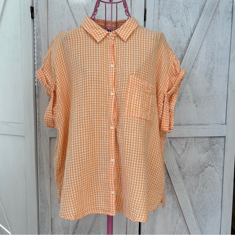 Old Navy Orange Gingham Button-Up Blouse - Picture 2 of 8